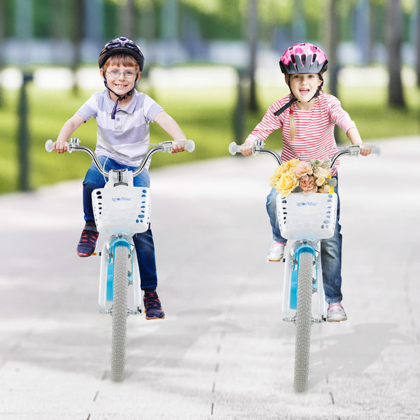 14/16/18 inch kids bike with dual brakes and adjustable seat, angled view showcasing vibrant design and safety features.