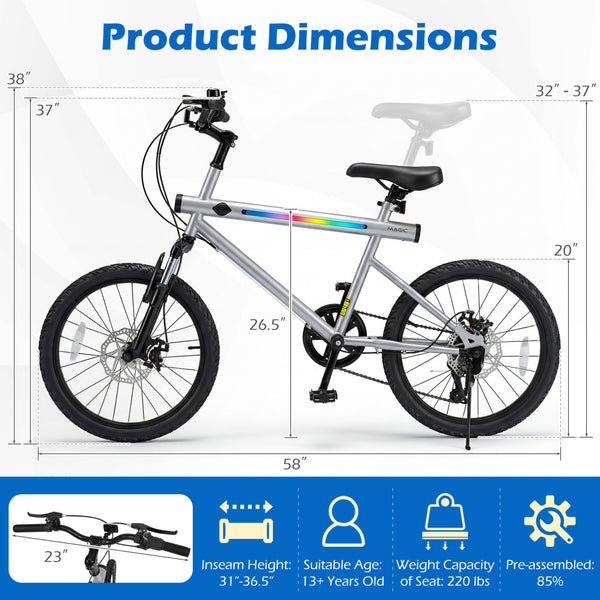 20 Inch Mountain Bike LED-lit with 6-Speed Shimano Twist Shifting and Stereo Speakers