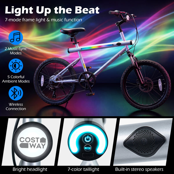 20 Inch Mountain Bike LED-lit with 6-Speed Shimano Twist Shifting and Stereo Speakers