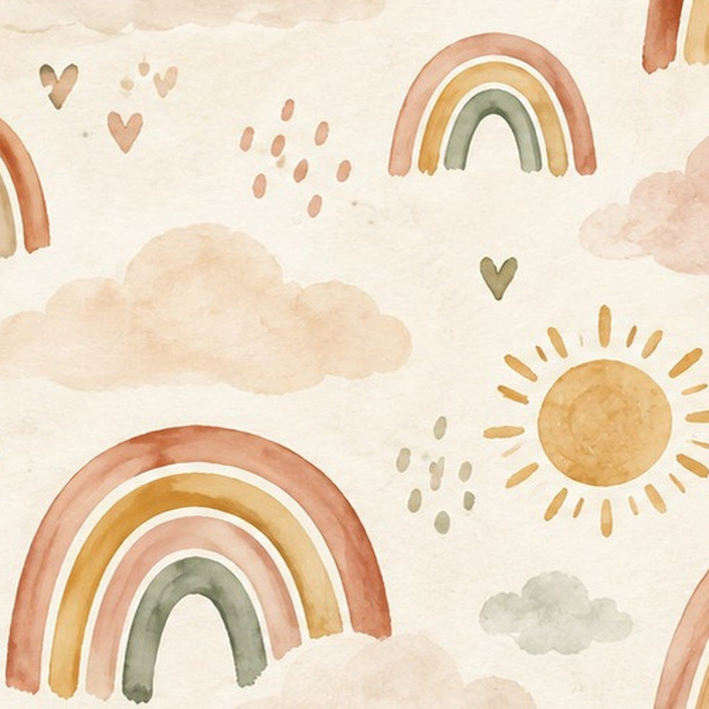 Little Rainbows Pattern shower curtain, full front view of the 71 x 74 in fabric curtain