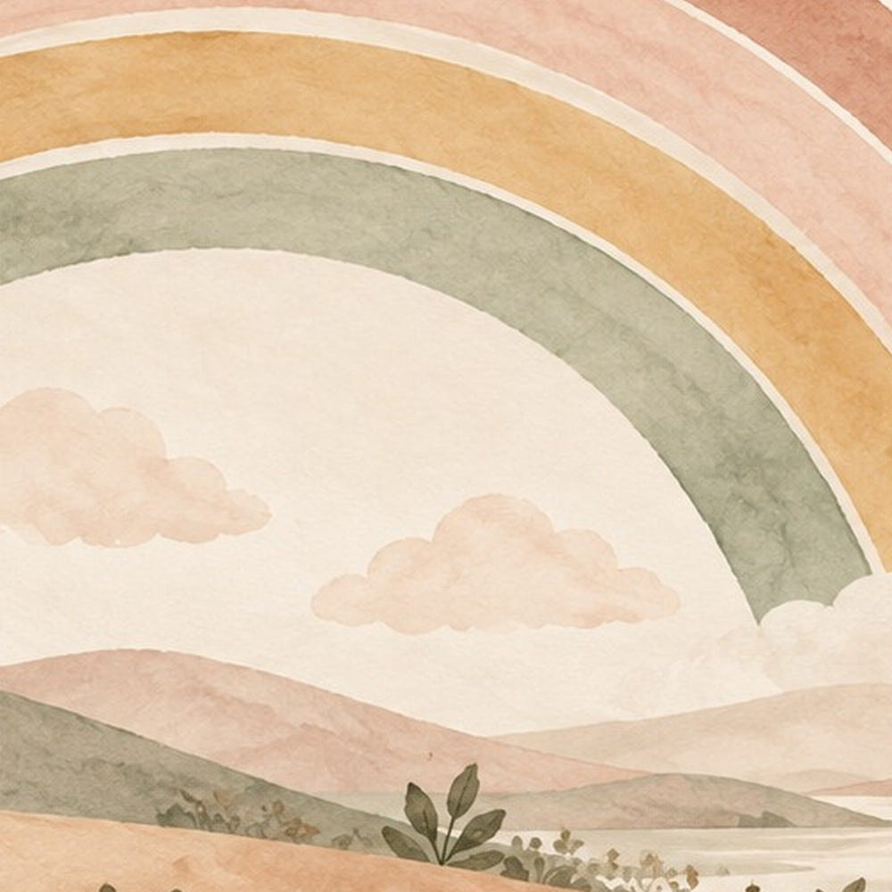 Rainbow Sunshine Clouds shower curtain, full front view of the 71 x 74 in fabric curtain