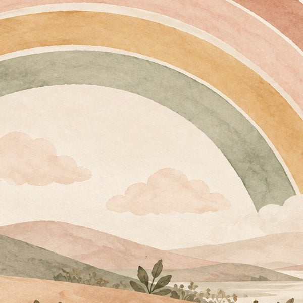 Rainbow Sunshine Clouds kids shower curtain in a bathroom