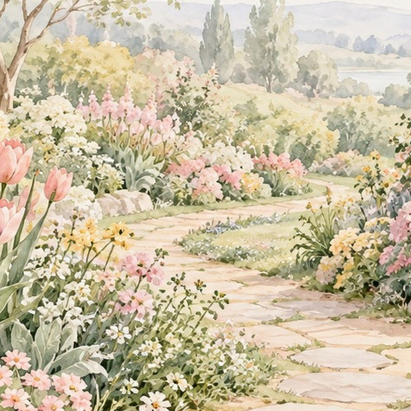 Cottage Garden Path kids shower curtain in a bathroom