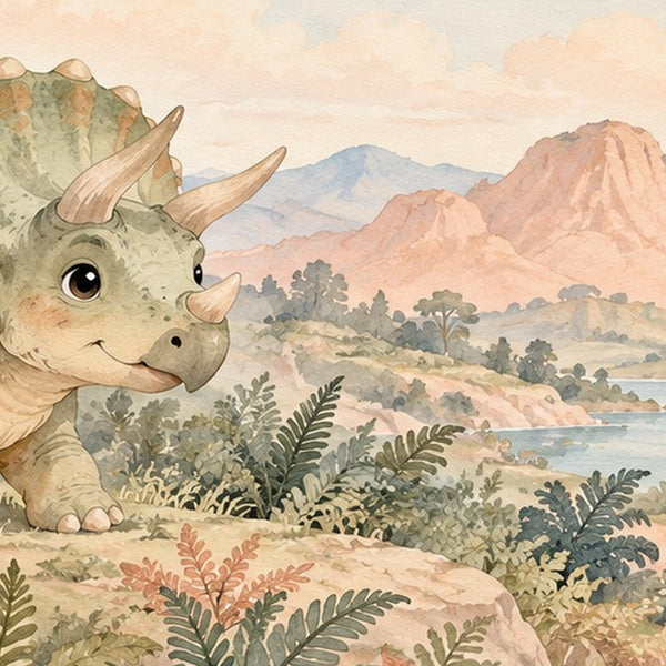 Baby Triceratops Dinosaur shower curtain, close up of the watercolor artwork