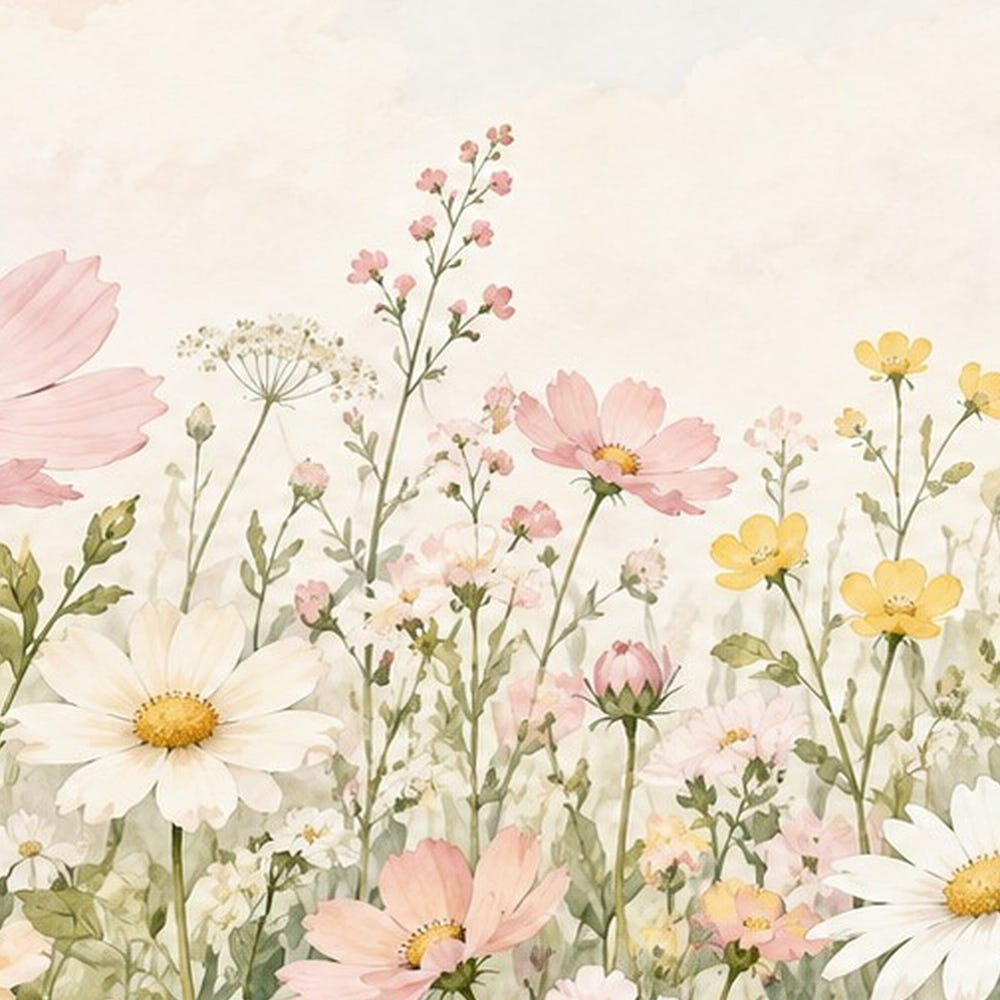 Cosmos and Daisy Meadow shower curtain, full front view of the 71 x 74 in fabric curtain