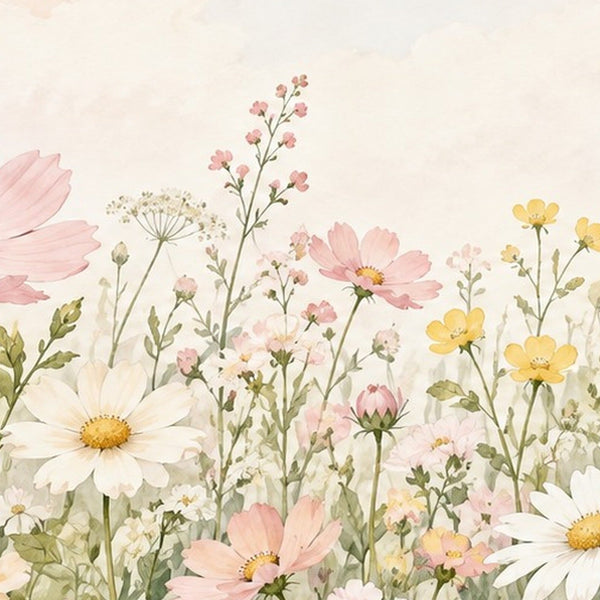 Cosmos and Daisy Meadow kids shower curtain in a bathroom