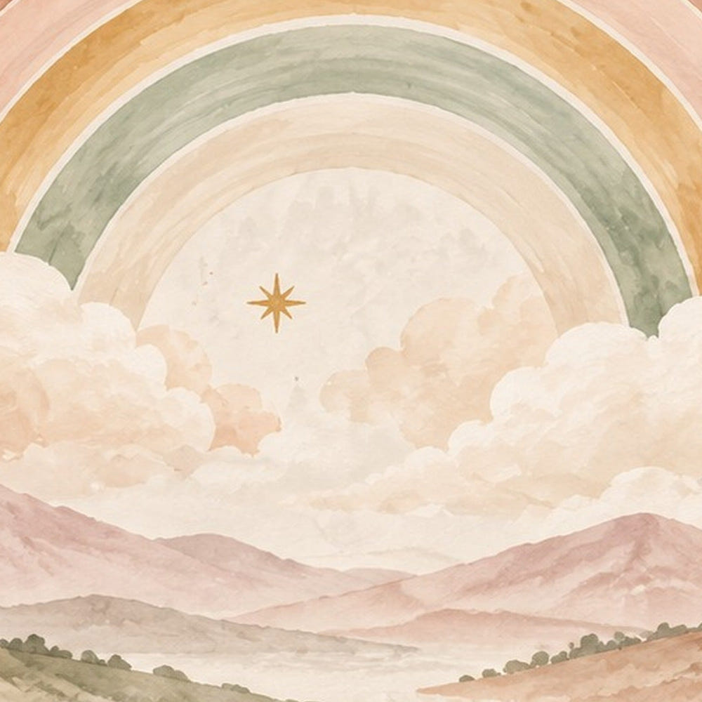 Starry Rainbow Dreamland shower curtain, full front view of the 71 x 74 in fabric curtain