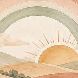 Rainbow Sunrise Hills kids shower curtain in a bathroom
