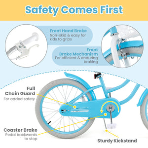 14/16/18 inch kids bike with dual brakes and adjustable seat, angled view showcasing vibrant design and safety features.