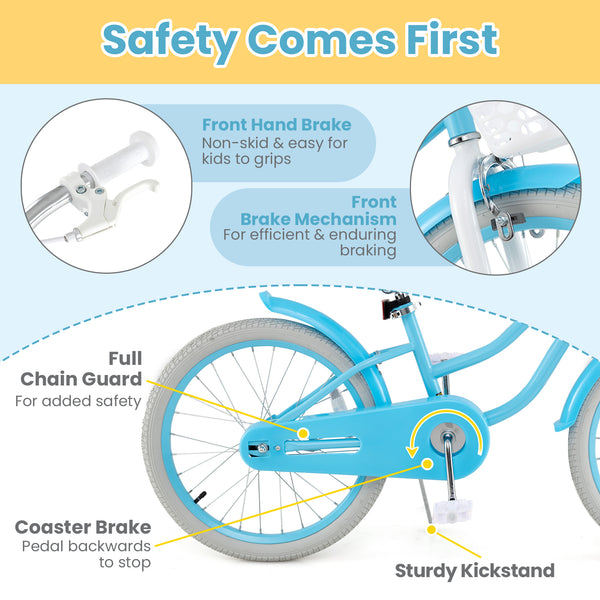 14/16/18 inch kids bike with dual brakes and adjustable seat, angled view showcasing vibrant design and safety features.