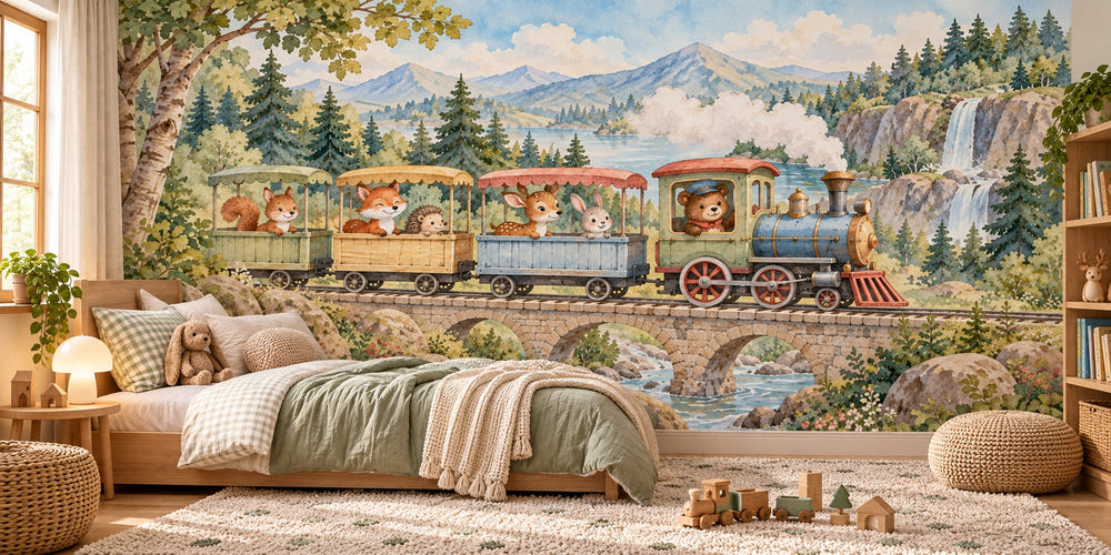 Watercolor Animal Train Wall Mural, image 1