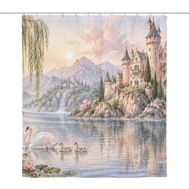 Lakeside Castle Fairy Tale shower curtain, full front view of the 71 x 74 in fabric curtain