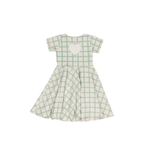 Sweetheart Twirl Dress in Fern Plaid, organic cotton jersey, perfect for baby swimwear, angle 9 view.