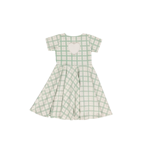 Sweetheart Twirl Dress in Fern Plaid, organic cotton jersey, perfect for baby swimwear, angle 9 view.