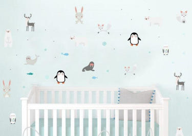 Arctic Penguin and Friends fabric nursery wall art decals for playful and charming baby room decor.