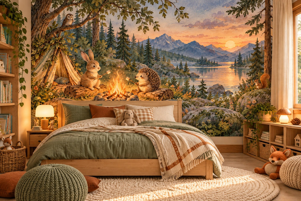 Watercolor Campfire Friends Camping Wall Mural, image 1