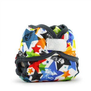 Rumparooz Newborn Cloth Diaper Covers in Dragons Fly design, Castle color, shown at angle 3 for bedding and sleep.