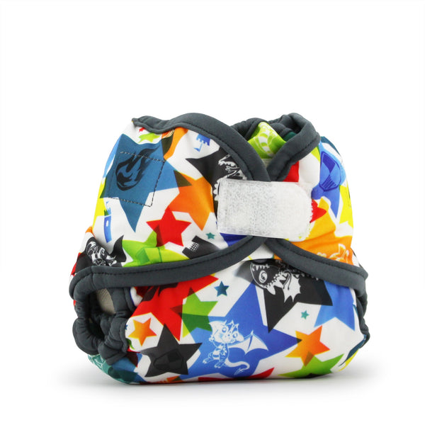 Rumparooz Newborn Cloth Diaper Covers in Dragons Fly design, Castle color, shown at angle 3 for bedding and sleep.
