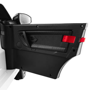 12V kids ride-on car with remote control, lockable doors, slow start, and LED lights - angle view.