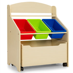 Kids wooden toy storage unit with rolling toy box and plastic bins, perfect for organizing playrooms.