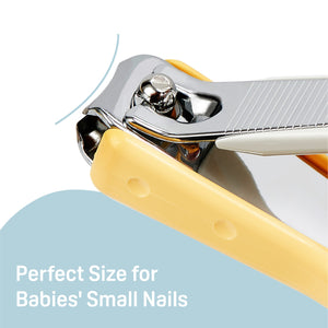 Baby nail clipper with splatter-proof case, designed for infants 9+ months, shown from angle 3.
