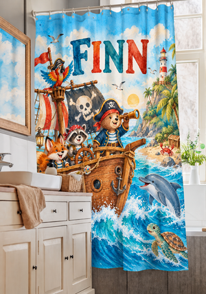 Pirate Adventure personalized kids shower curtain over a bathtub
