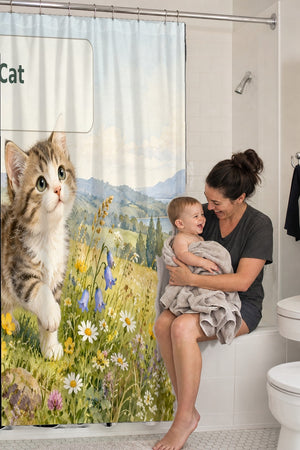 Mom holding her baby on the tub edge next to the C is for Cat Alphabet shower curtain