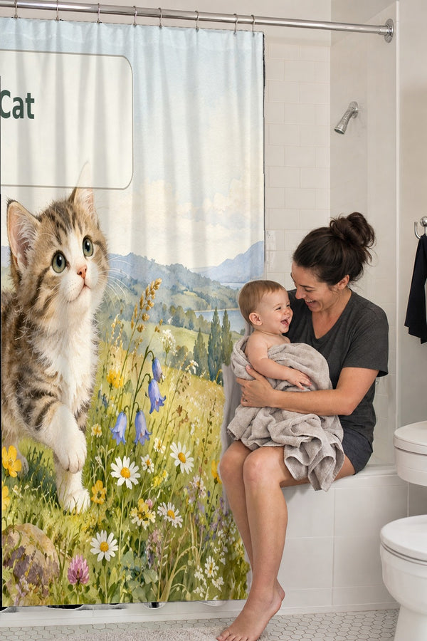 Mom holding her baby on the tub edge next to the C is for Cat Alphabet shower curtain