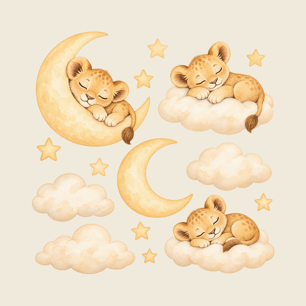 Sleeping Lion Cub Moon and Clouds Wall Decals, Set of 15, image 1