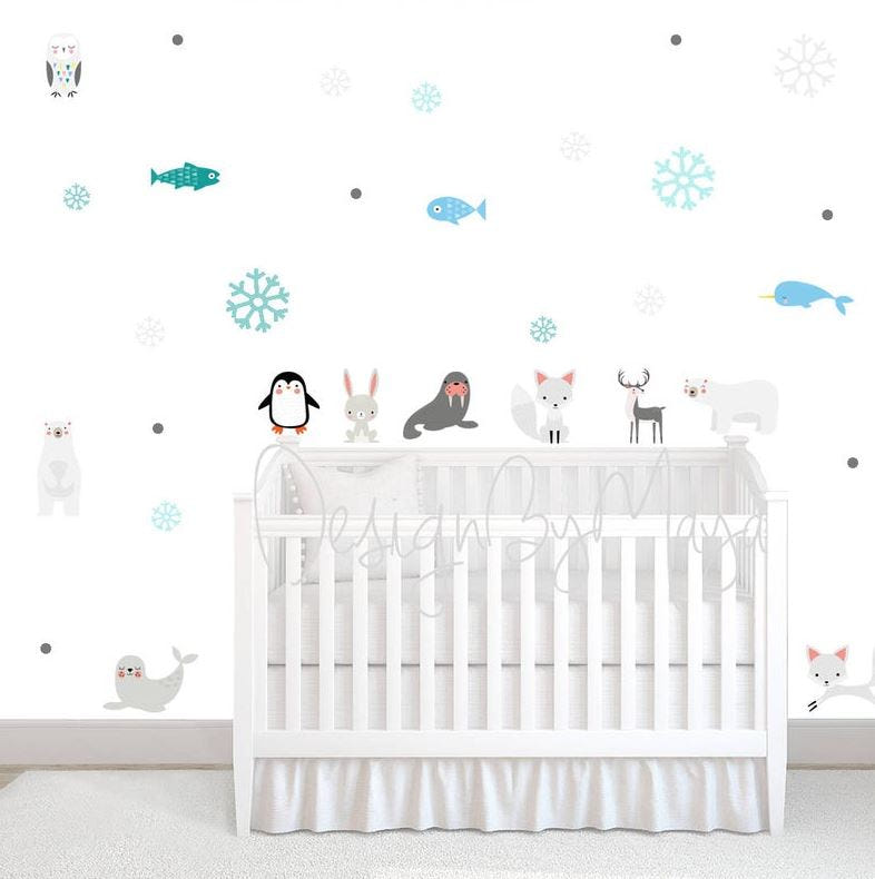 Arctic Penguin and Friends fabric nursery wall art decals for playful and charming baby room decor.
