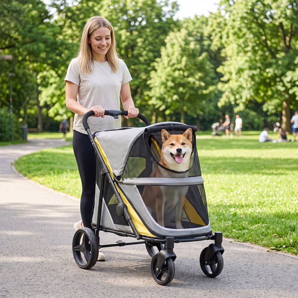 220 LBS Heavy Duty Dog Stroller for Large and Medium Dogs with One-Step Foot Brake and Top & Front Windows-Yellow