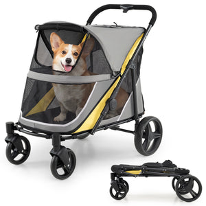 220 LBS Heavy Duty Dog Stroller for Large and Medium Dogs with One-Step Foot Brake and Top & Front Windows-Yellow