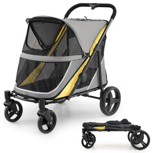 220 LBS Heavy Duty Dog Stroller for Large and Medium Dogs with One-Step Foot Brake and Top & Front Windows-Yellow
