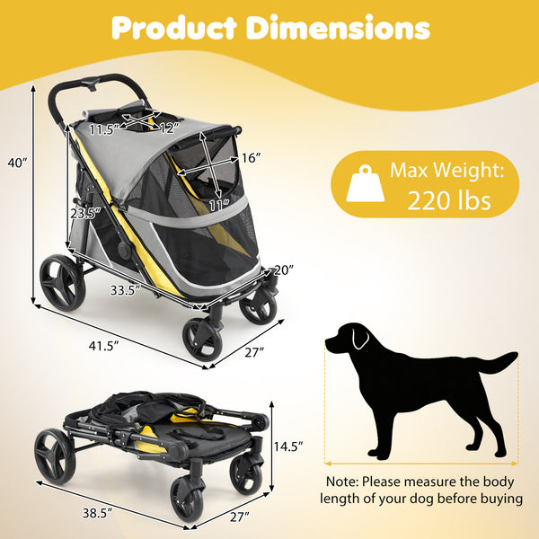 220 LBS Heavy Duty Dog Stroller for Large and Medium Dogs with One-Step Foot Brake and Top & Front Windows-Yellow