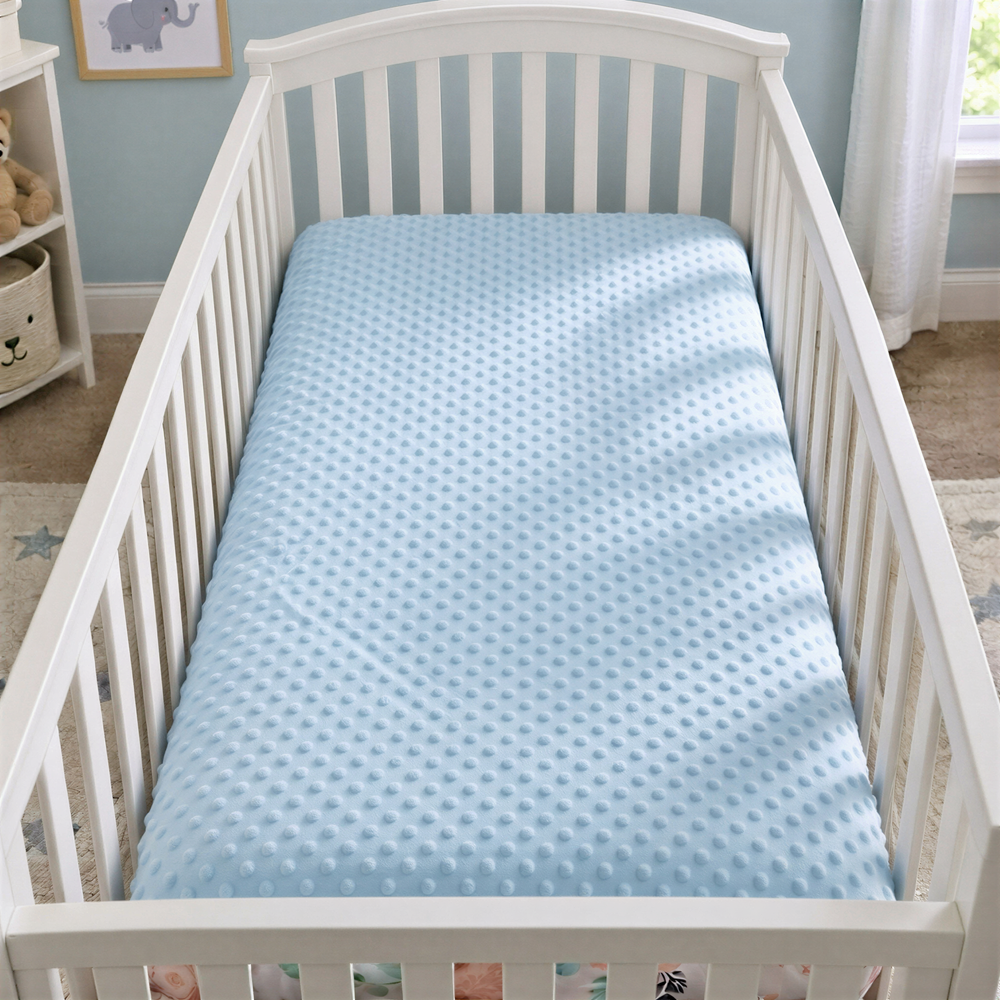 Wendy Anne Blue Minky Dot Custom Fitted Sheet Elastic Edge