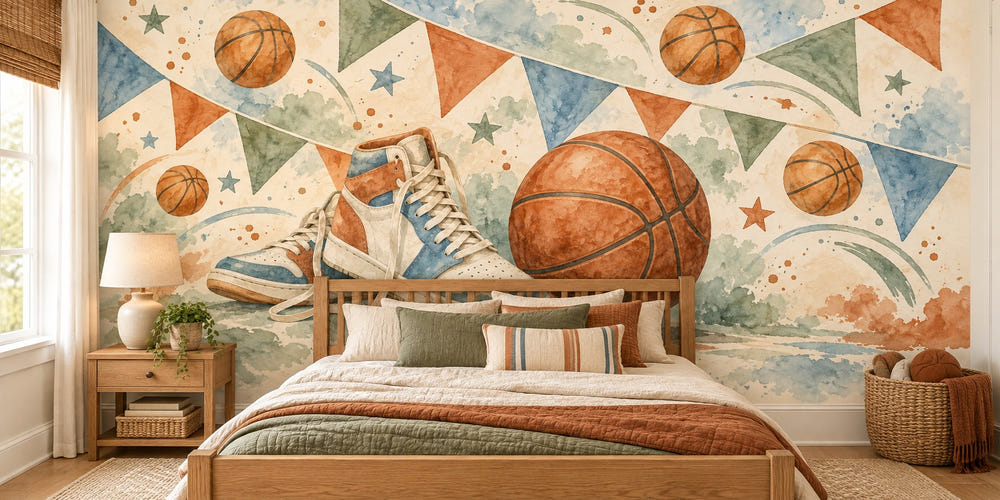 Watercolor Vintage Basketball Gear Wall Mural, image 1