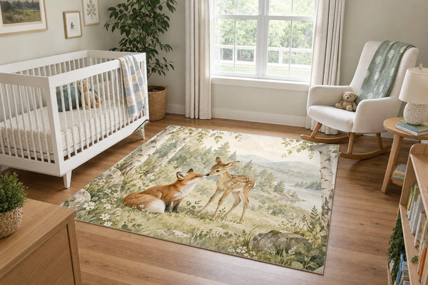 Fox and Fawn area rug in a calm nursery with a white crib