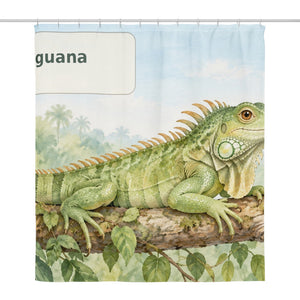 I is for Iguana Alphabet shower curtain, full front view of the 71 x 74 in fabric curtain