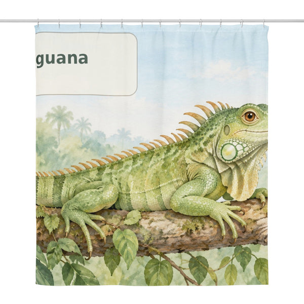 I is for Iguana Alphabet shower curtain, full front view of the 71 x 74 in fabric curtain