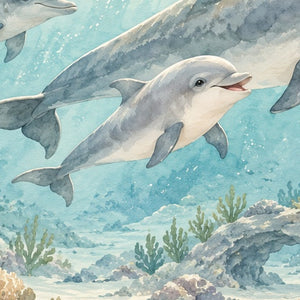 Dolphin Family Ocean shower curtain, close up of the watercolor artwork