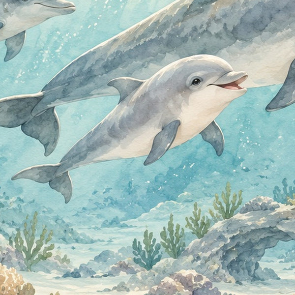 Dolphin Family Ocean shower curtain, close up of the watercolor artwork