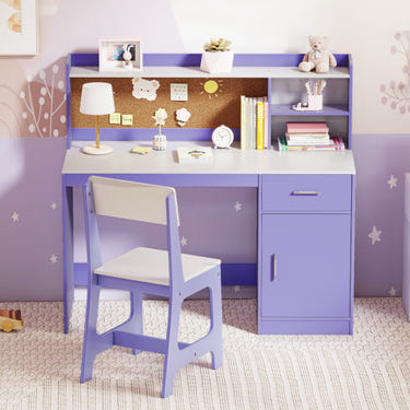 Kids study desk and chair set in purple for students, perfect for learning and playtime.