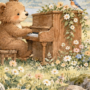 Bear Piano shower curtain, close up of the watercolor artwork