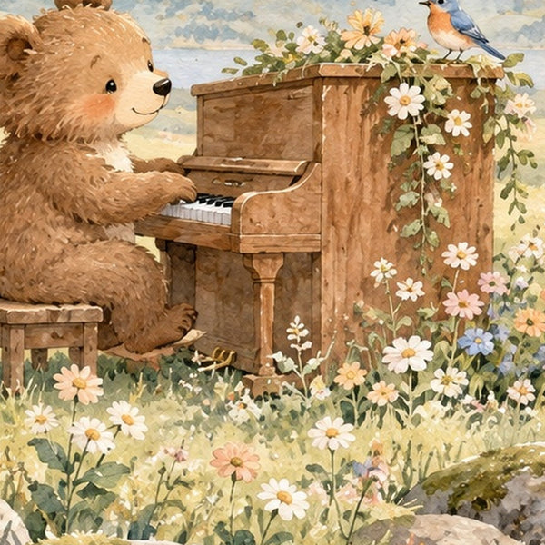 Bear Piano shower curtain, close up of the watercolor artwork