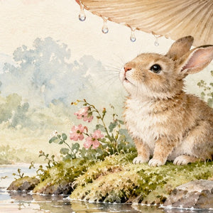 After the Rain Bunny shower curtain, close up of the watercolor artwork