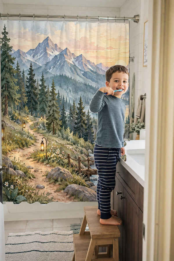 Child brushing teeth in a family bathroom with the Mountain Camp Camping shower curtain