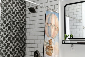 Bear Hot Air Balloon shower curtain in a modern farmhouse bathroom with subway tile