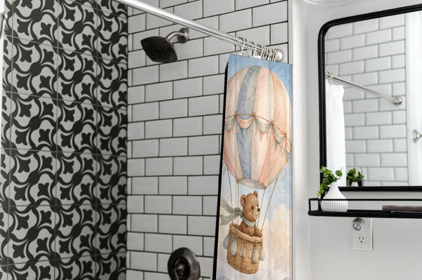 Bear Hot Air Balloon shower curtain in a modern farmhouse bathroom with subway tile