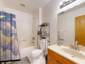 Twilight Moon Hot Air Balloon shower curtain on a tub shower combo in an American family bathroom