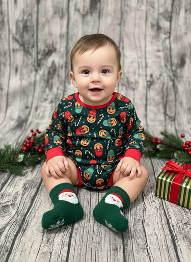 Smiley candy cane long sleeve Leo for babies, perfect for festive playtime and cozy comfort.